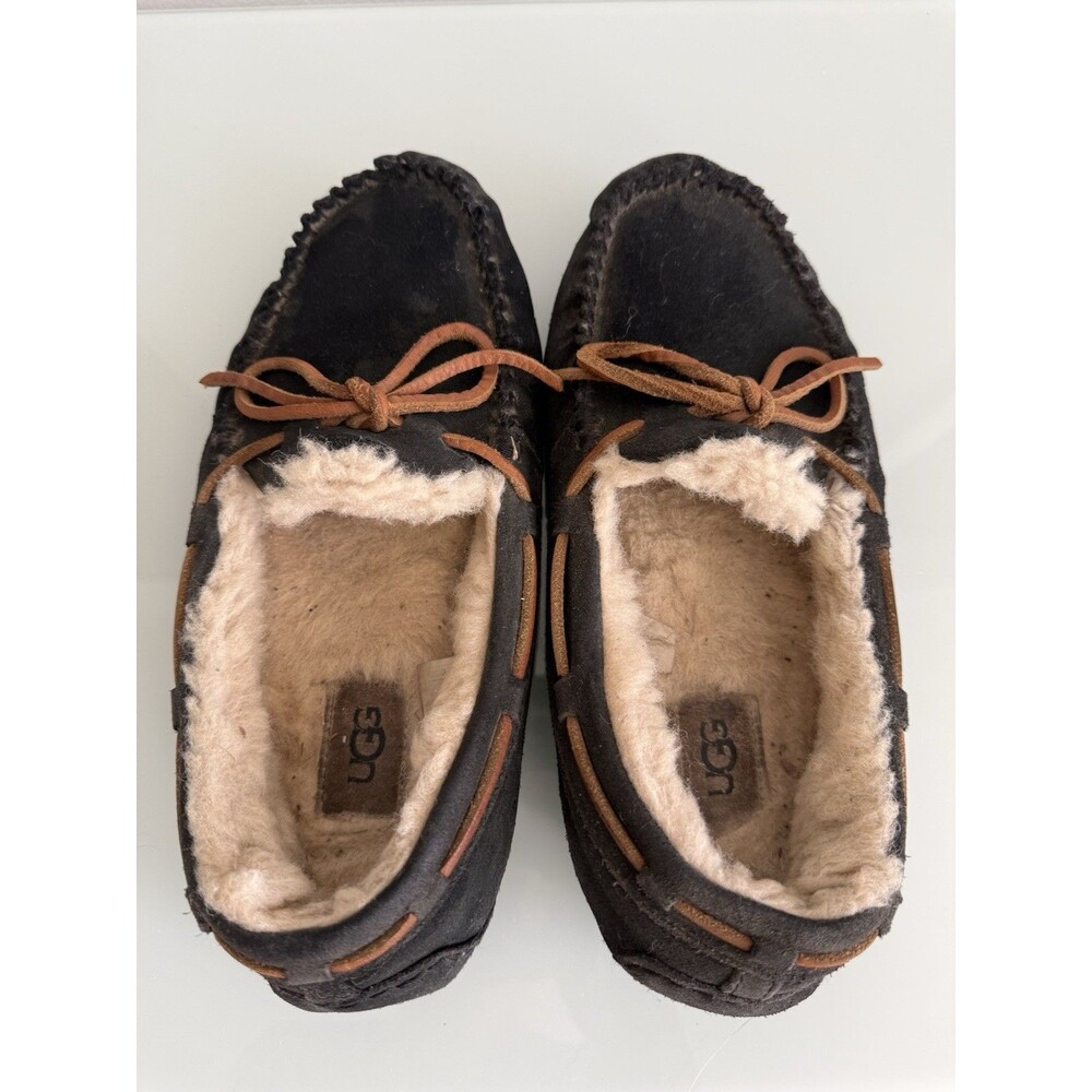 ✿ UGG Australia Men Moccasin Slippers Size 6 Shearling Lined Suede Brown Warm